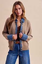 Denim Contrast Sweater Cardigan-Taupe Brown