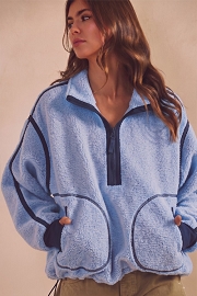 Fleece Zipper Pullover Sweater-Light Blue Navy