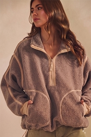 Fleece Zipper Pullover Sweater-Mocha Beige