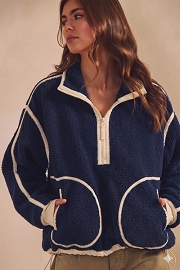 Fleece Zipper Pullover Sweater-Navy Ivory