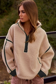 Fleece Zipper Pullover Sweater-Beige Black