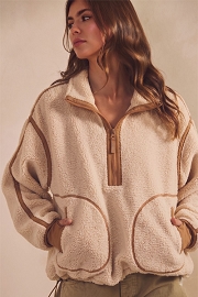 Fleece Zipper Pullover Sweater-Beige Brown