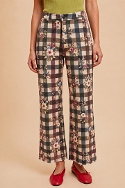 Floral Gingham Plaid Check Stretch Denim Wide Leg Jeans-Brown and Burgundy