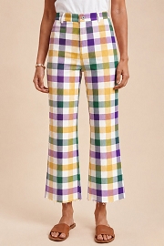 Mardi Gras Pastel Gingham Plaid Check Stretch Denim Wide Leg Jeans-Purple and Yellow Multi Color