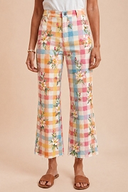 Floral Pastel Gingham Plaid Check Stretch Denim Wide Leg Jeans-Ivory and Pastel Multi Color