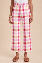 Pastel Gingham Plaid Check Stretch Denim Wide Leg Jeans-Pastel Pink Multi Color