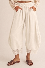 Boho Lace Trim Barrel Balloon Pants-Off White