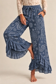 Paisley Lace Wide Leg Washed Denim Pants Jeans-Navy Bandana