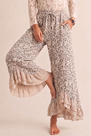 Lace Wide Leg Washed Denim Pants Jeans-Oatmeal Leopard Print