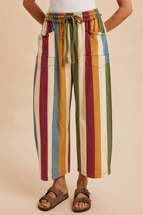 Striped Barrel Fit Utility Knit Drawstring Pants-Vintage Multicolor