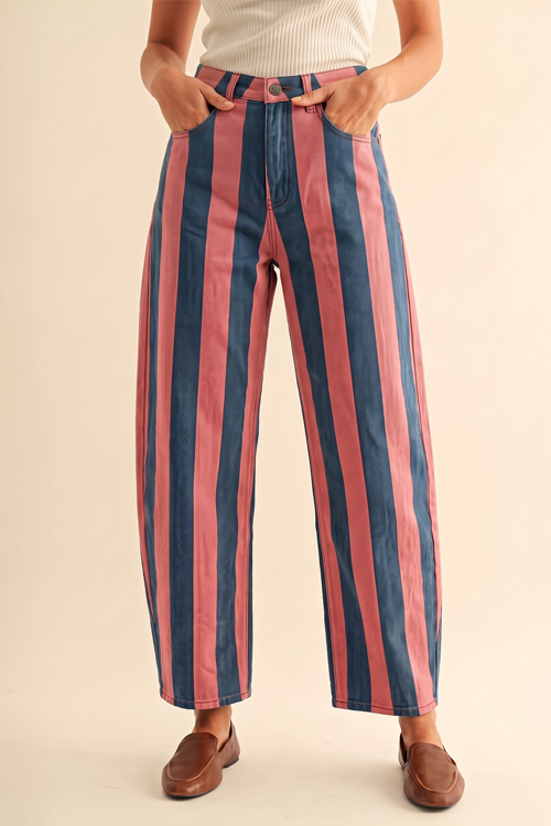Bold Striped Stretch Denim Barrel Jeans Pants-Red Blue