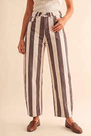 Bold Striped Stretch Denim Barrel Jeans Pants-Beige Brown