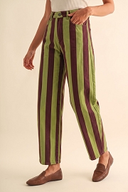 Bold Striped Stretch Denim Barrel Jeans Pants-Plum Green