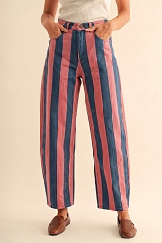 Bold Striped Stretch Denim Barrel Jeans Pants-Red Blue