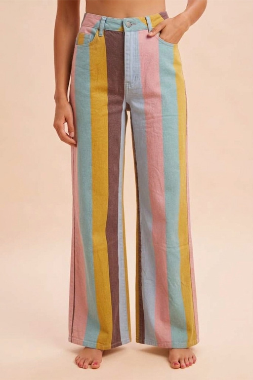 Multi Color Bold Striped Stretch Denim Wide Leg Jeans-Multicolor Mustard Yellow Blue