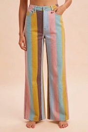 Multi Color Bold Striped Stretch Denim Wide Leg Jeans-Multicolor Mustard Yellow Blue