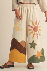 Vintage Boho Patchwork Sun & Moon Wide Leg Pants-Off White