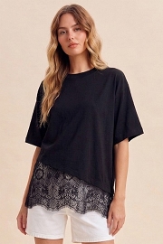Asymmetrical Lace Trim Short Sleeve Top-Black