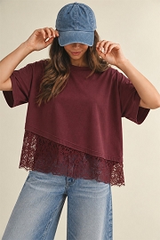 Asymmetrical Lace Trim Short Sleeve Top-Burgundy