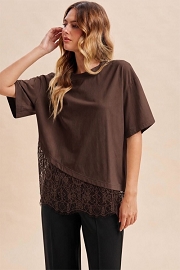 Asymmetrical Lace Trim Short Sleeve Top-Brown