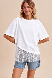 Asymmetrical Lace Trim Short Sleeve Top-White