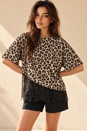 Asymmetrical Lace Trim Short Sleeve Top-Leopard Print