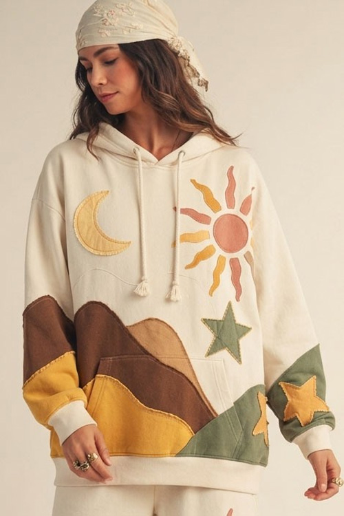 Vintage Boho Patchwork Sun & Moon Sweater Oversized Hoodie-Off White