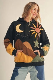 Vintage Boho Patchwork Sun & Moon Sweater Oversized Hoodie-Black